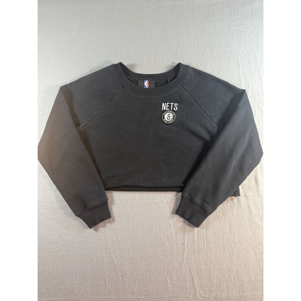 NBA Brooklyn Nets Cropped Sweatshirt Black Womens Small Raglan Sleeve Pullover